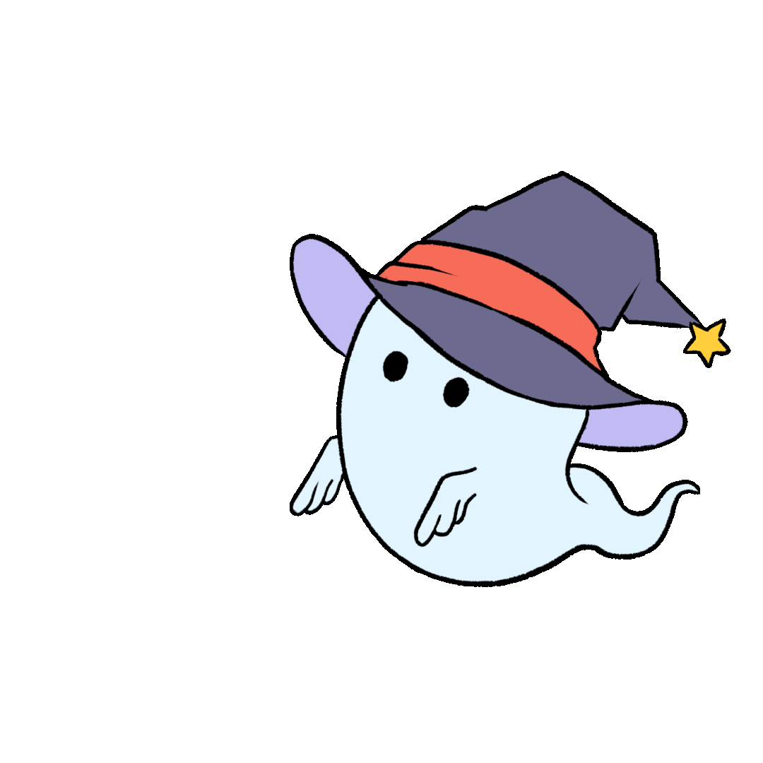 Halloween ghost wearing a wizard's hat drifting in the air