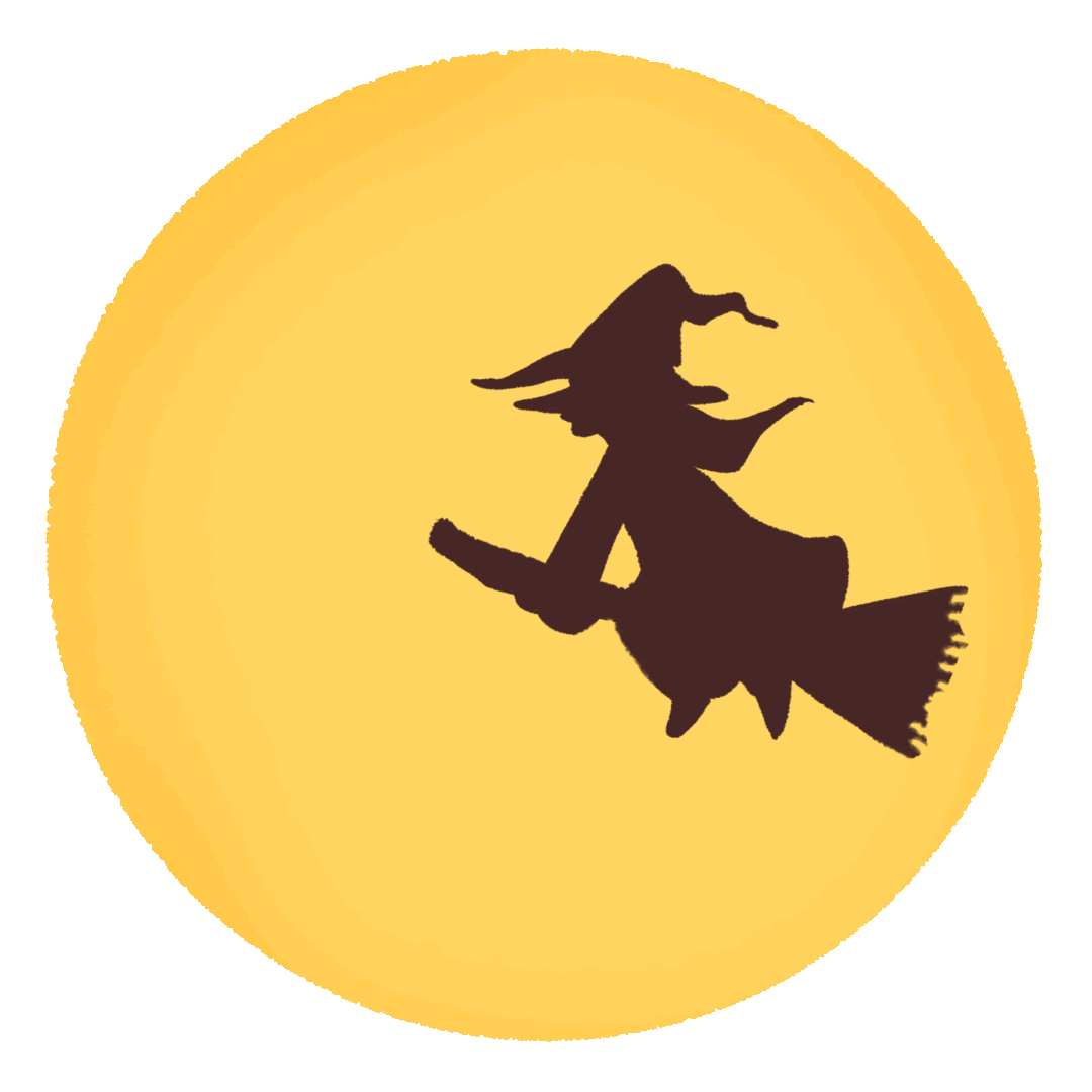 Animated illustration of a witch flying in the sky on a broom on a full moon night