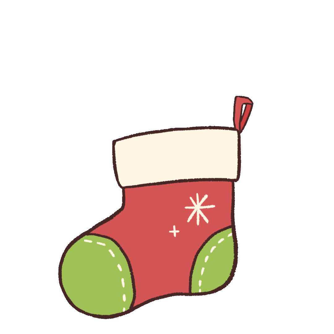 Illustration of Christmas stockings with presents, cookie man, and candy popping out