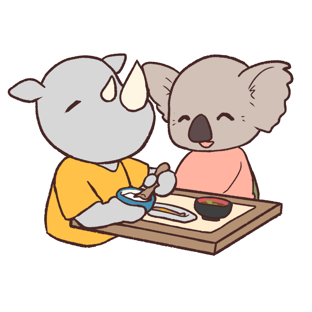 コアラのおじいちゃんの食事介助をするイラストgifアニメーション