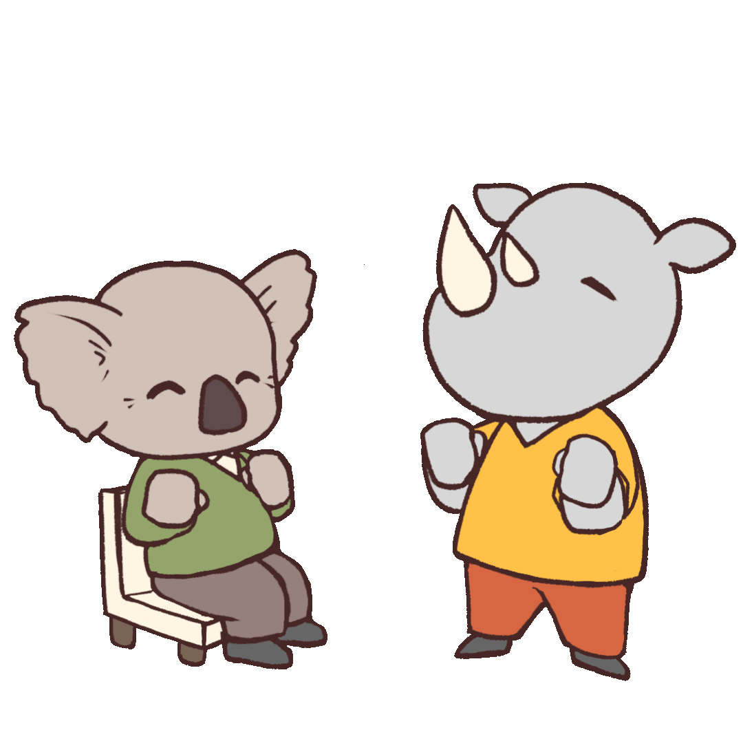 Animated illustration of a koala and rhino doing health maintenance exercises