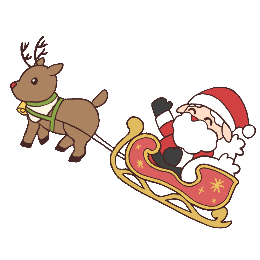 Gif animation of santa and his reindeer pulling a sleigh and handing out presents at Christmas
