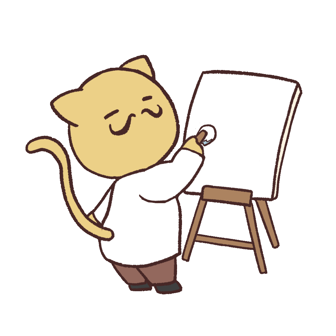 Animated illustration of a cat painter drawing a picture of a fish