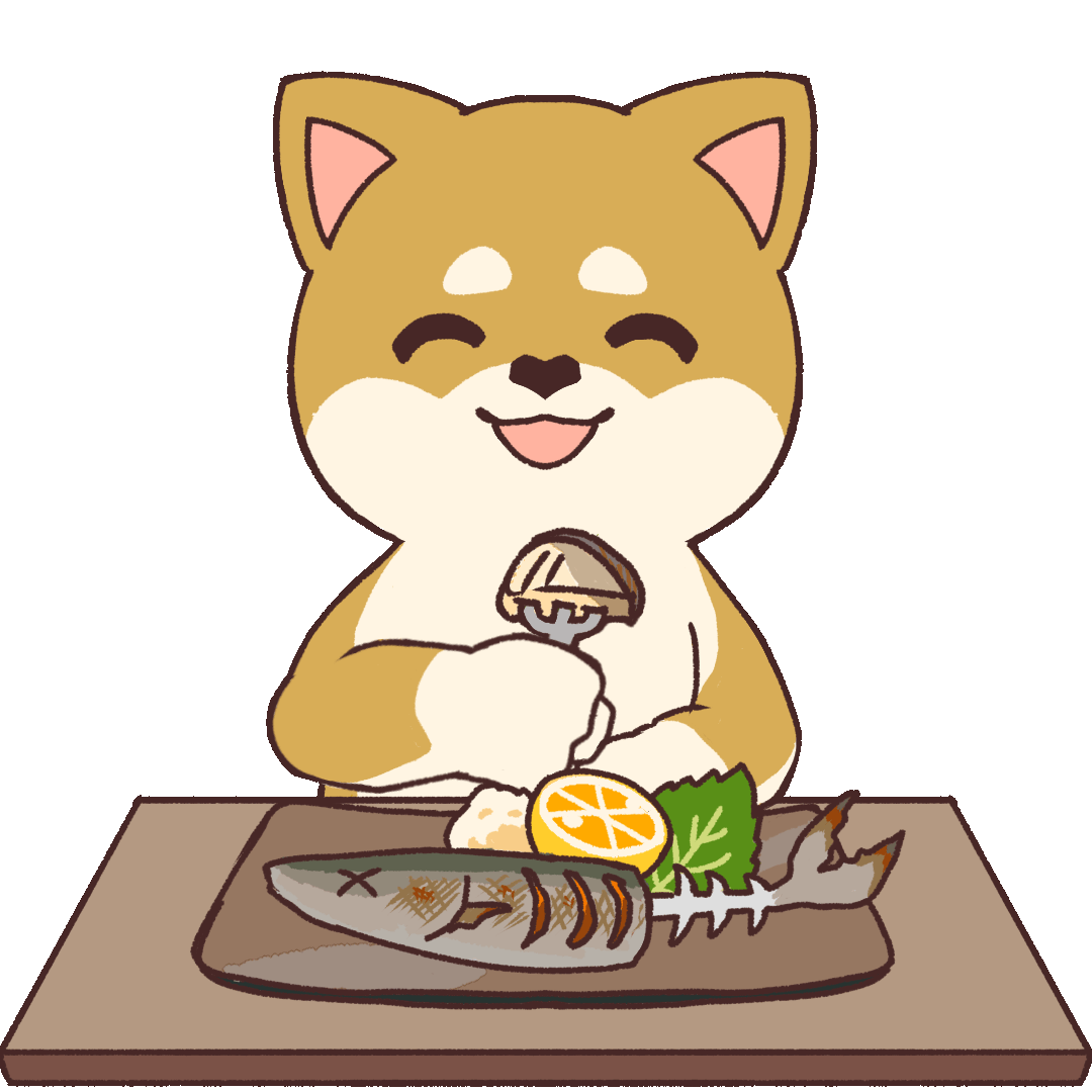 Animated Illustration of a Dog Eating Grilled Fish | UGOKAWA