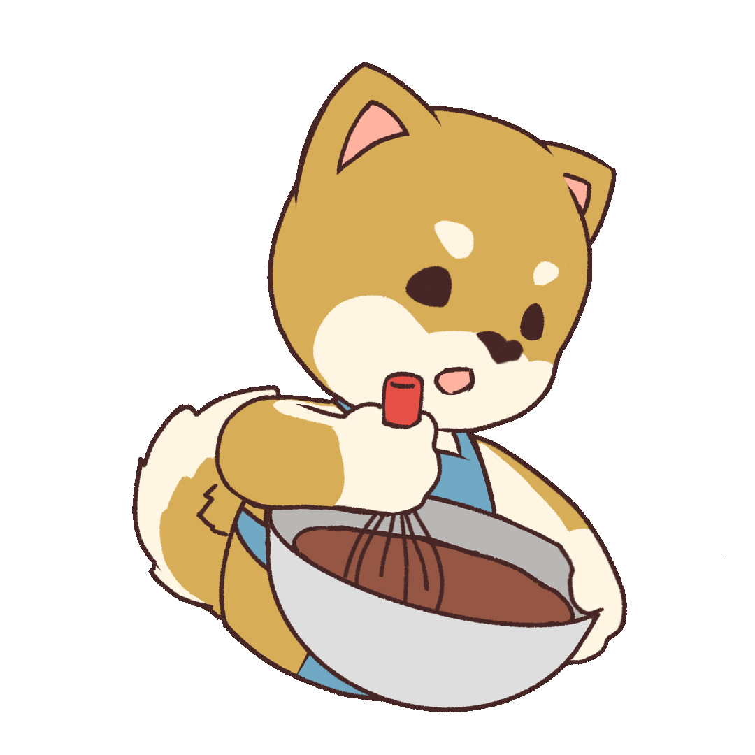 gif animation of a shiba-inu mixing melted chocolate with a whisk
