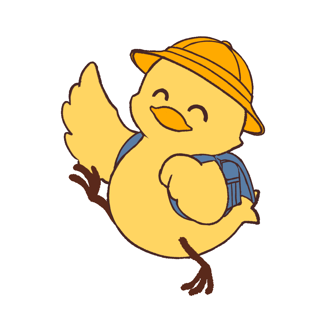 Animated illustration of a new student, a chick, walking with a yellow hat and school bag