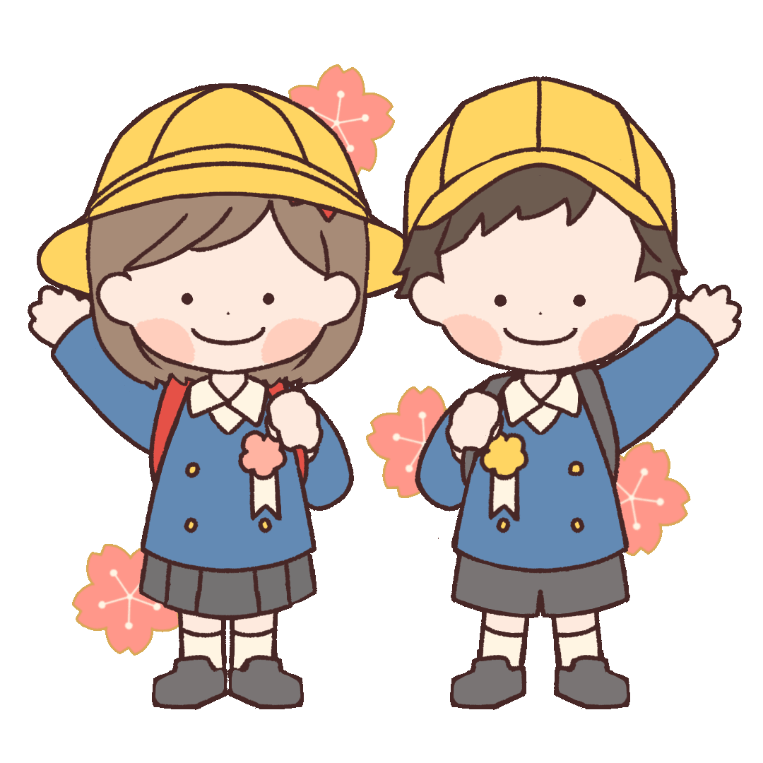 黄色い帽子をかぶった男の子と女の子の入学式のgifアニメーション