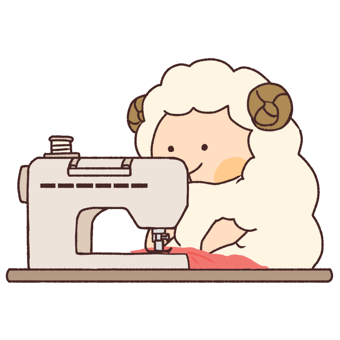 GIF animation of a sheep sewing cloth with a sewing machine