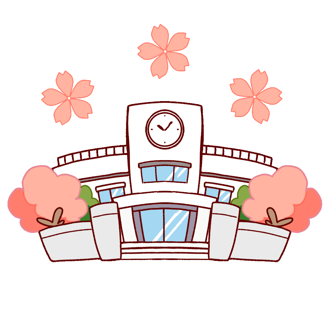 Animated illustration of a school building with cherry blossom trees