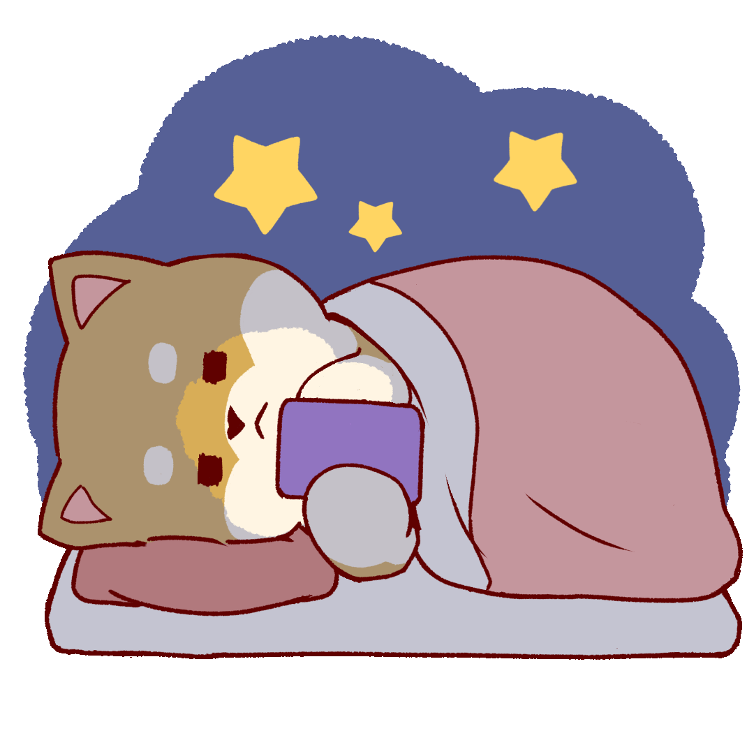 布団で寝転がりスマホをいじって夜更かししている柴犬のアニメーションイラスト