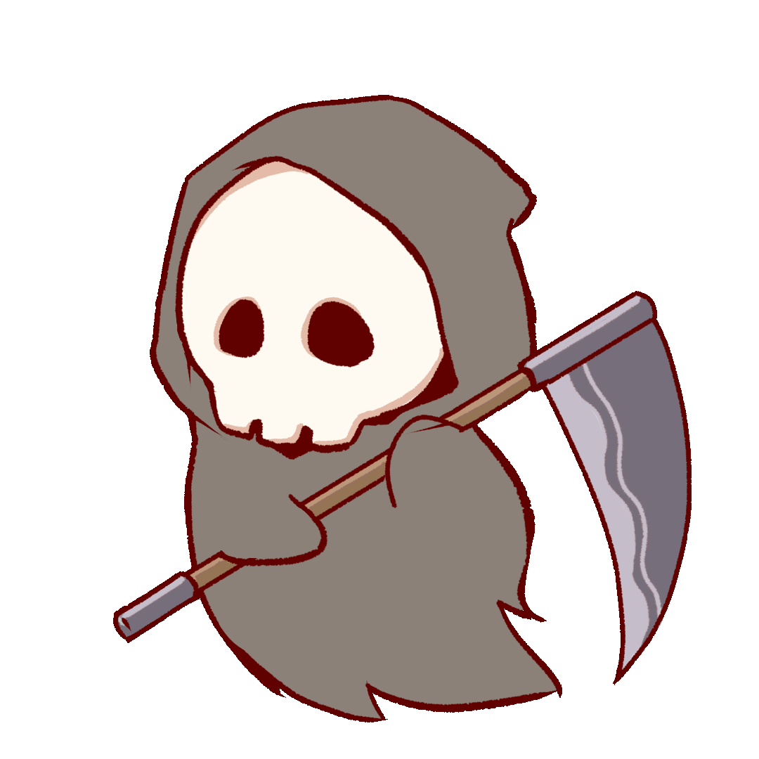 GIF animation of a skeleton holding a scythe and wearing a black cape