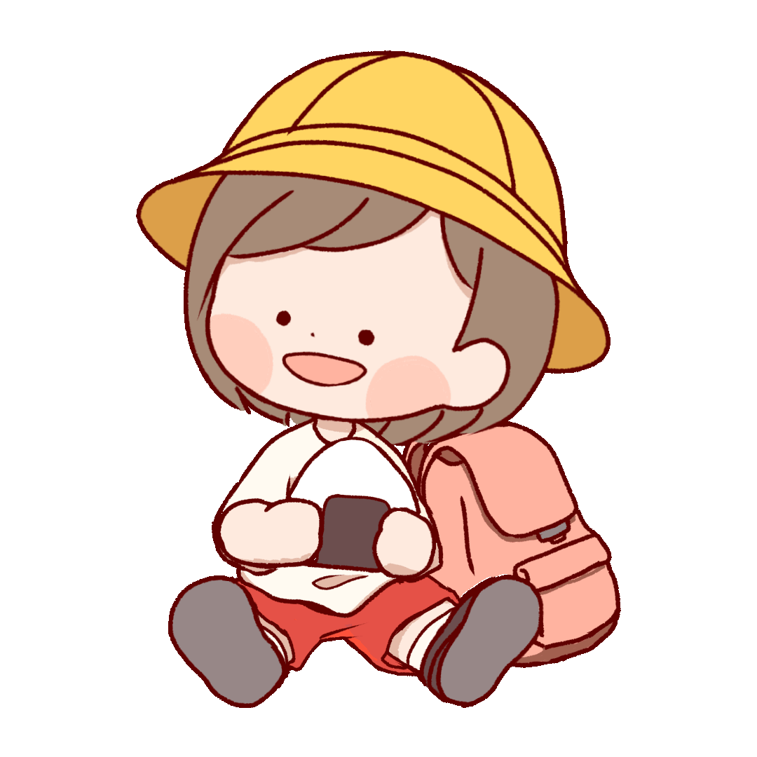 gif animation of a girl wearing a hat on a field trip, putting down his backpack and eating a rice ball