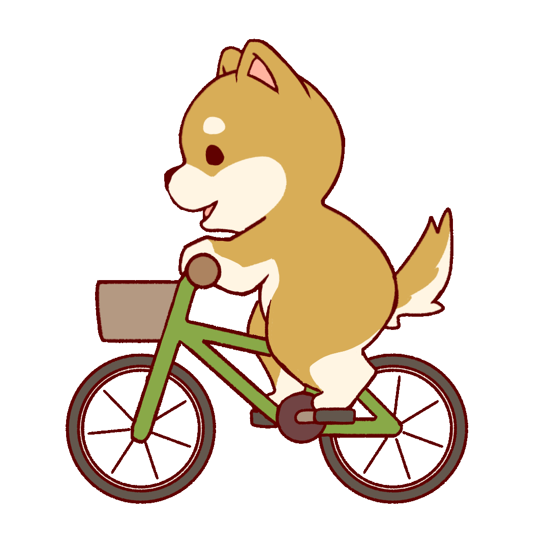 自転車に乗ってペダルを漕ぐ柴犬の動くイラスト